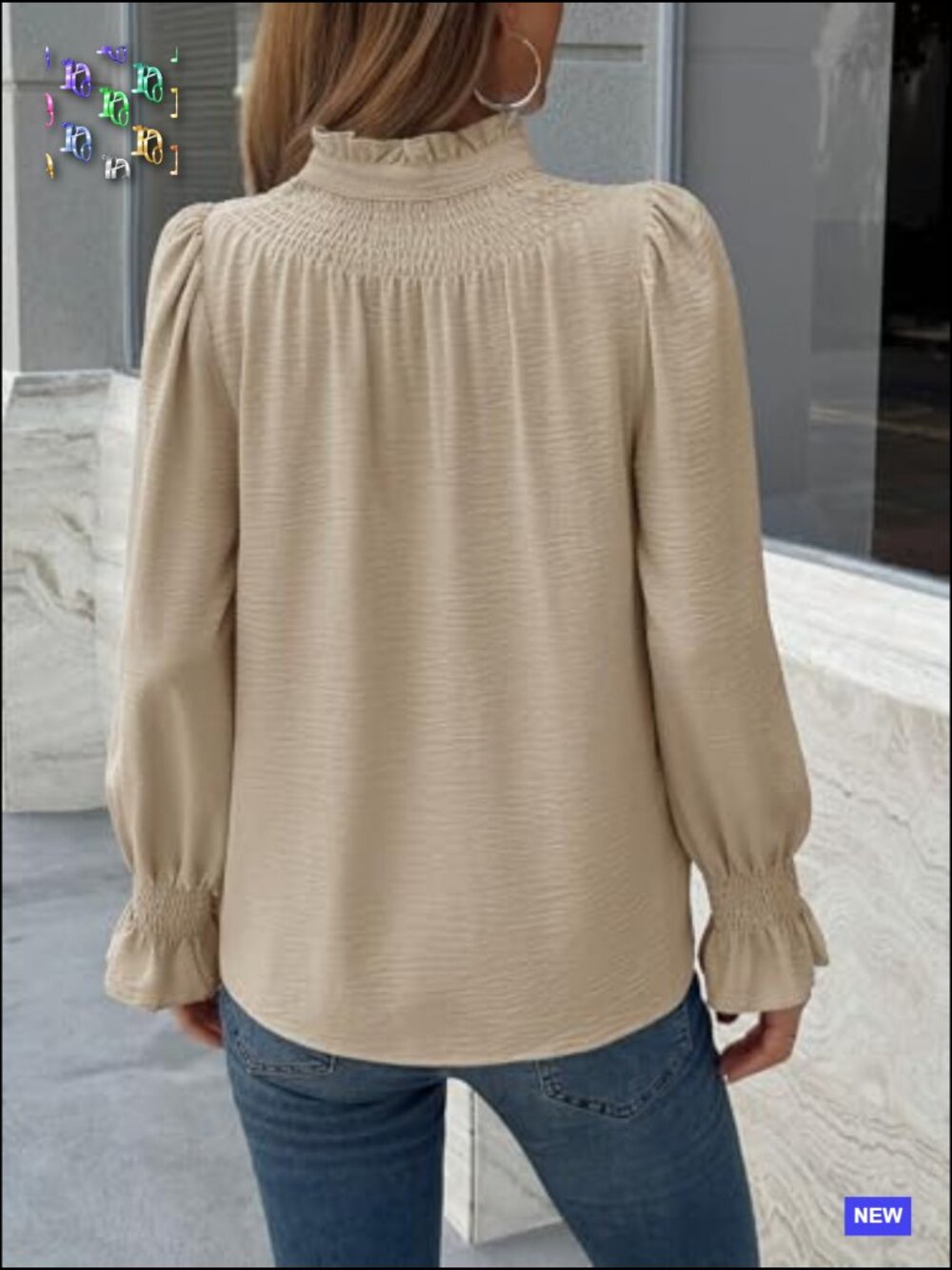Puff Long Sleeve Button Down Shirt Ruffle Mock Neck Blouse Dressy Casual Loose - Picture 6 of 7